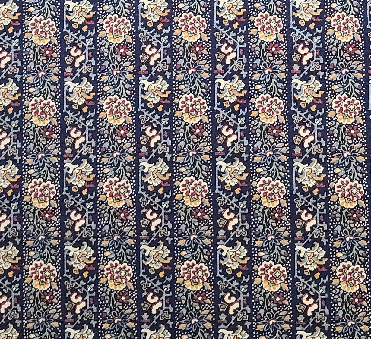 Fabric Country - Dark Blue, Cream, Maroon, Gold, Slate Blue Flower Vertical Stripe (Parallel to Selvage) Fabric