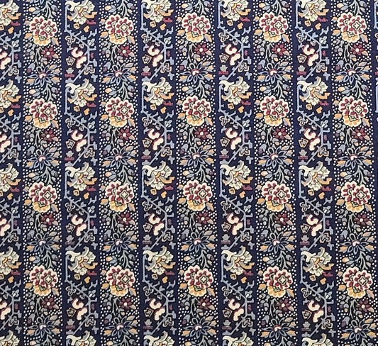 Fabric Country - Dark Blue, Cream, Maroon, Gold, Slate Blue Flower Vertical Stripe (Parallel to Selvage) Fabric