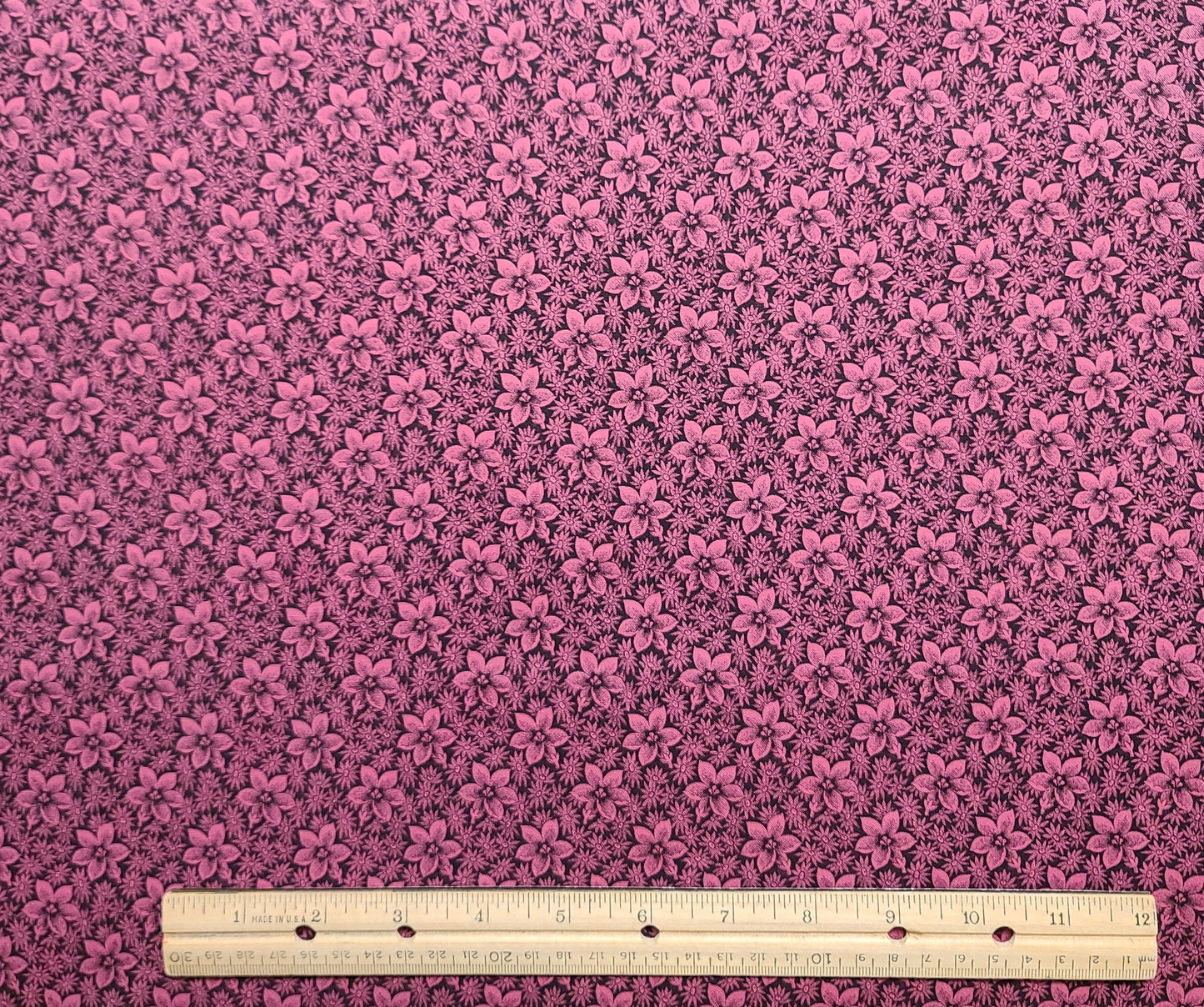 Rose Colored Fabric / Black Flower Print - Selvage to Selvage Print