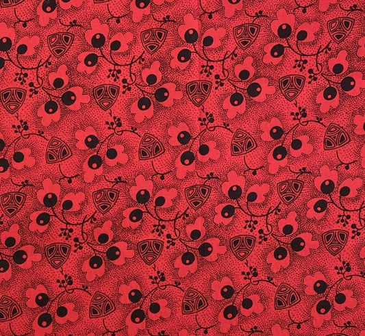 EOB - Mary Ellen Hopkins - Red Fabric with Black Speckled Background / Black Flower and Shield Print