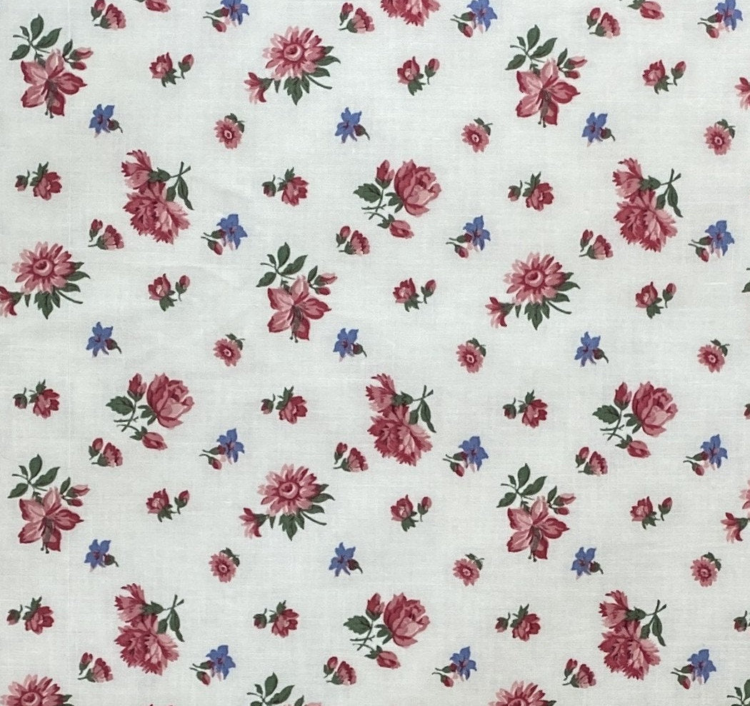 VIP Cranston Print Works - Soft White Fabric / Maroon, Dusty Rose Flowers / Periwinkle Flowers / Dark Green Leaves and Stems