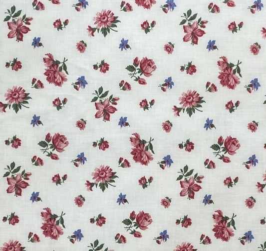 VIP Cranston Print Works - Soft White Fabric / Maroon, Dusty Rose Flowers / Periwinkle Flowers / Dark Green Leaves and Stems