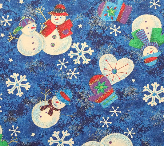 Tis the Season #8719 Springs Industries Inc - Medium & Dark Blue Tonal Fabric / Snowman, Mitten, Snowflake Pattern / Gold Metallic Accents