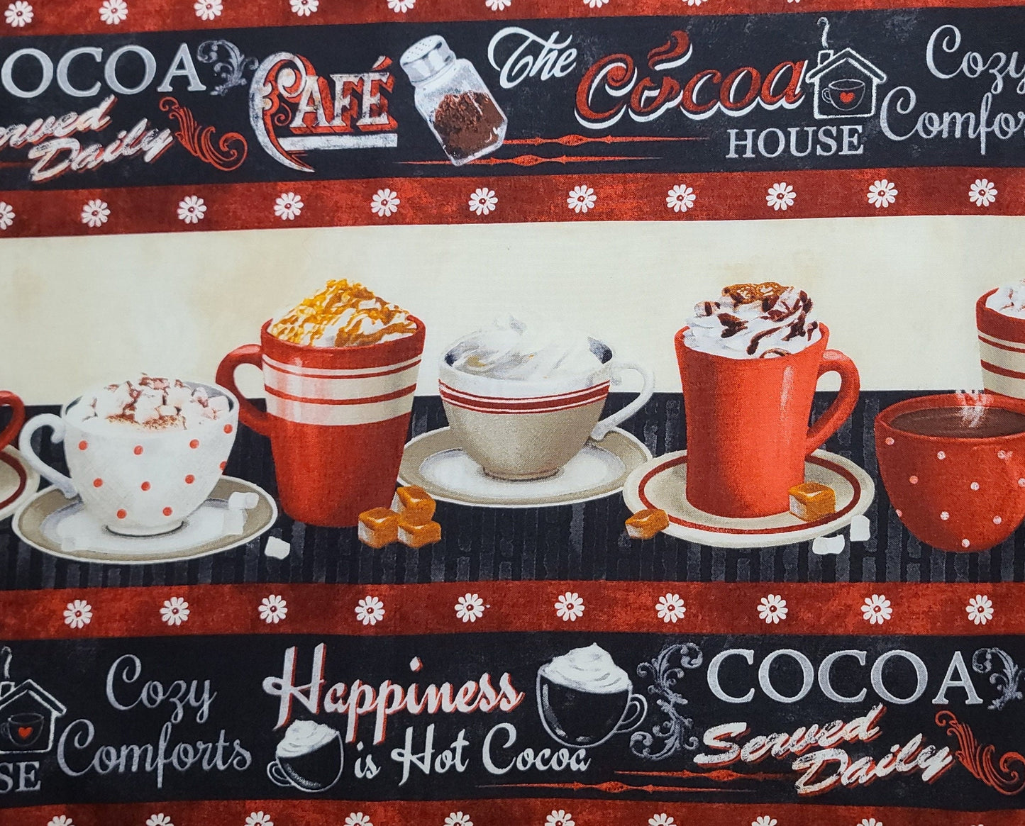 Time for Hot Cocoa Conrad Knutsen Licensed to WP - Hot Cocoa Vertical Stripe (Parallel to Selvage) Stripe Fabric / Red, Black, Cream