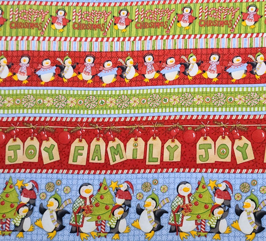 Debbie Mumm for JoAnn Fabric - Red, Pale Blue, Green and Tan Penguin Print Horizontal Stripe (Selvage to Selvage) Fabric