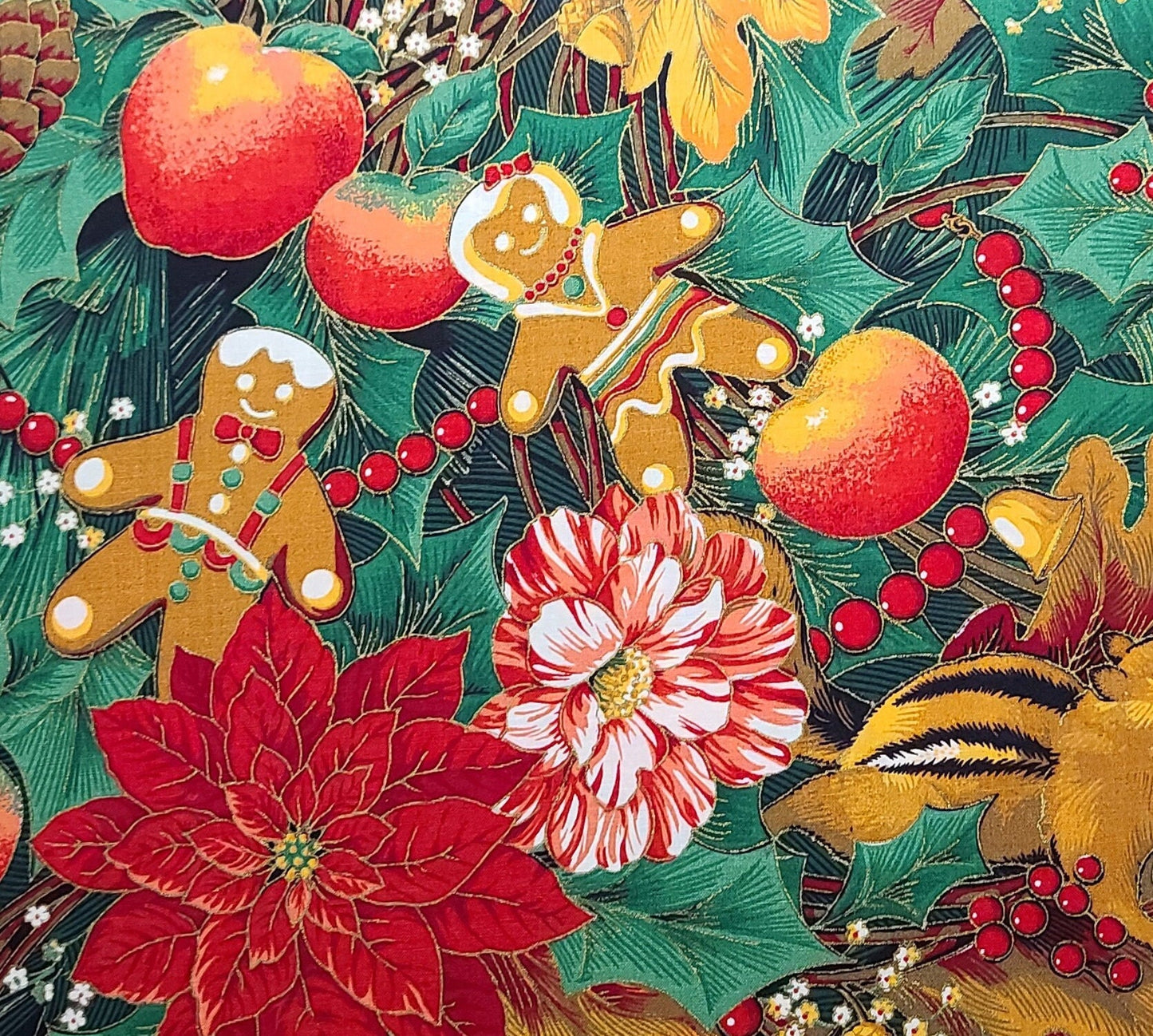 EOB - 1993 Concord Fabrics Inc Jan Kessler-Green, Red, Black, Tan Fabric/Poinsettia, Acorn, Oak Leaf, Chipmunk, Gingerbread Man, Leaf Print