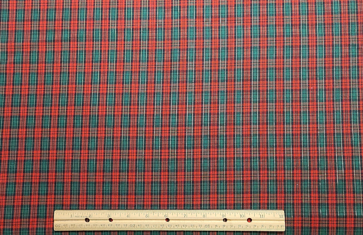 Vintage Red and Green Christmas Plaid Fabric / Gold Metallic Thread / Poly/Cotton Blend - Selvage to Selvage Print