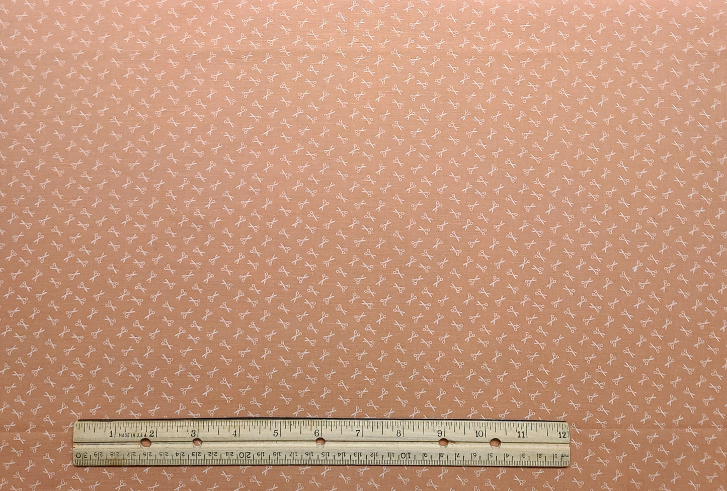 EOB - Salmon Fabric / White Scissor Print - Selvage to Selvage Print