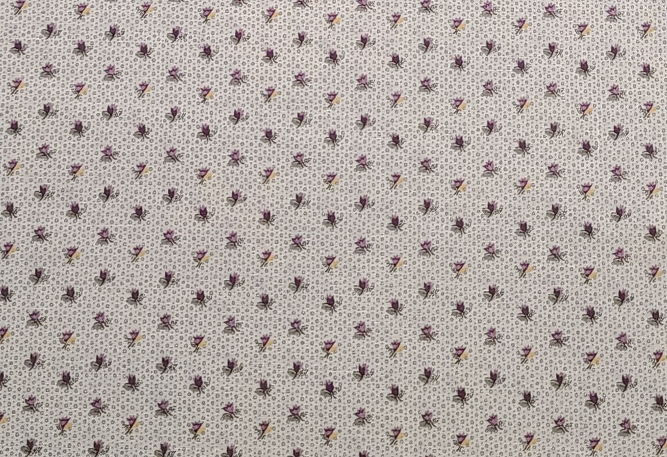 White Fabric with Gray Print Background / Mauve and Gray Tiny Flower Print - Selvage to Selvage Print