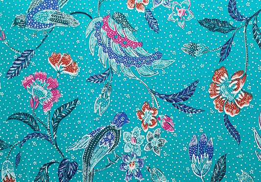 Teal Fabric / Purple, Rust, Black, Raspberry Bird and Flower Print / White Pin Dot and Flower Background