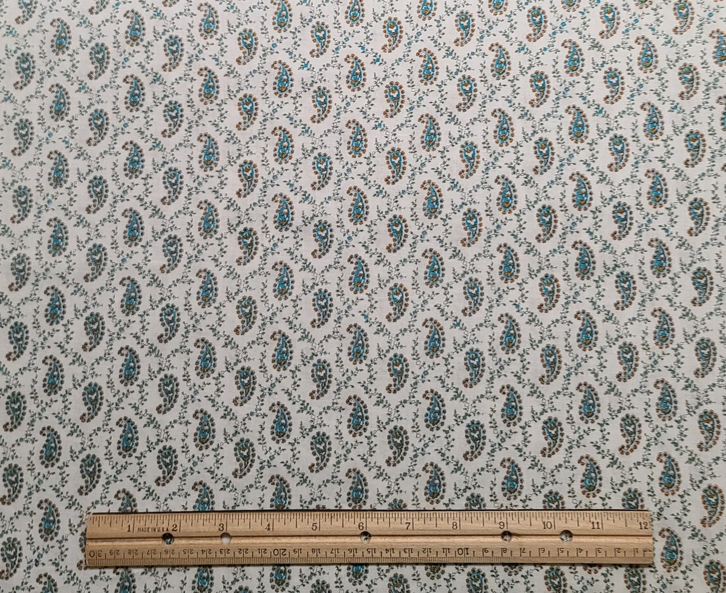 Vintage Lightweight 36" WIDE White Fabric / Teal and Brown Paisley Print - Selvage to Selvage Print