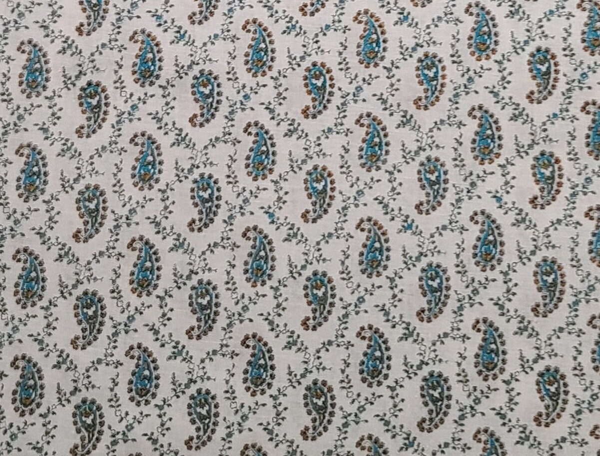 Vintage Lightweight 36" WIDE White Fabric / Teal and Brown Paisley Print - Selvage to Selvage Print