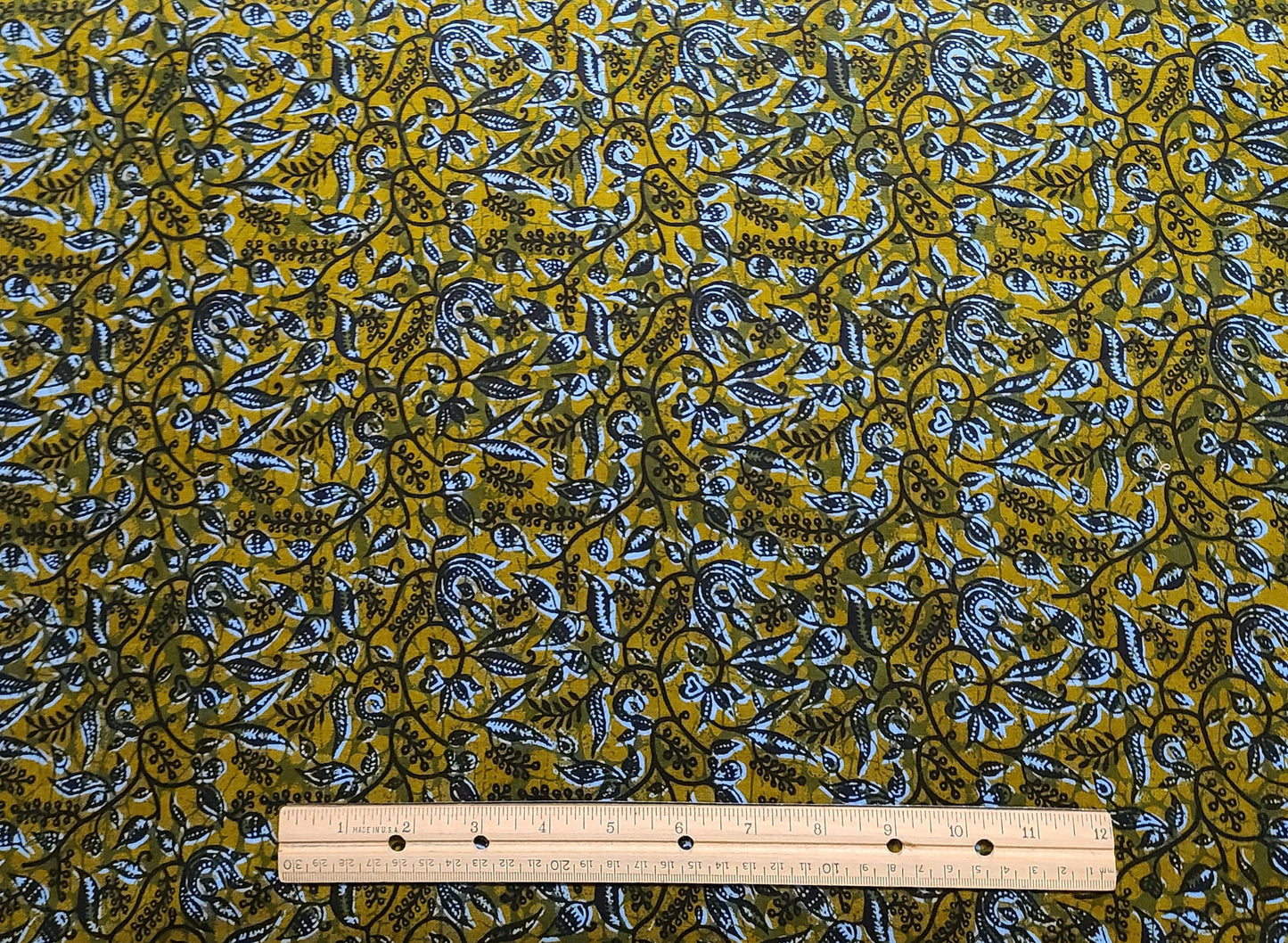 SOTIBA-SIMPA Fabric DAKAR - Antique Gold, Olive, Light Blue, Black Fabric / Leaf Scroll Print