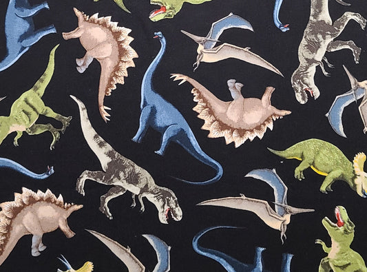 Timeless Treasures Fabrics of SoHo LLC Patt#VINO-C5726 - Black Fabric / Green, Blue, Brown Dinosaur Print