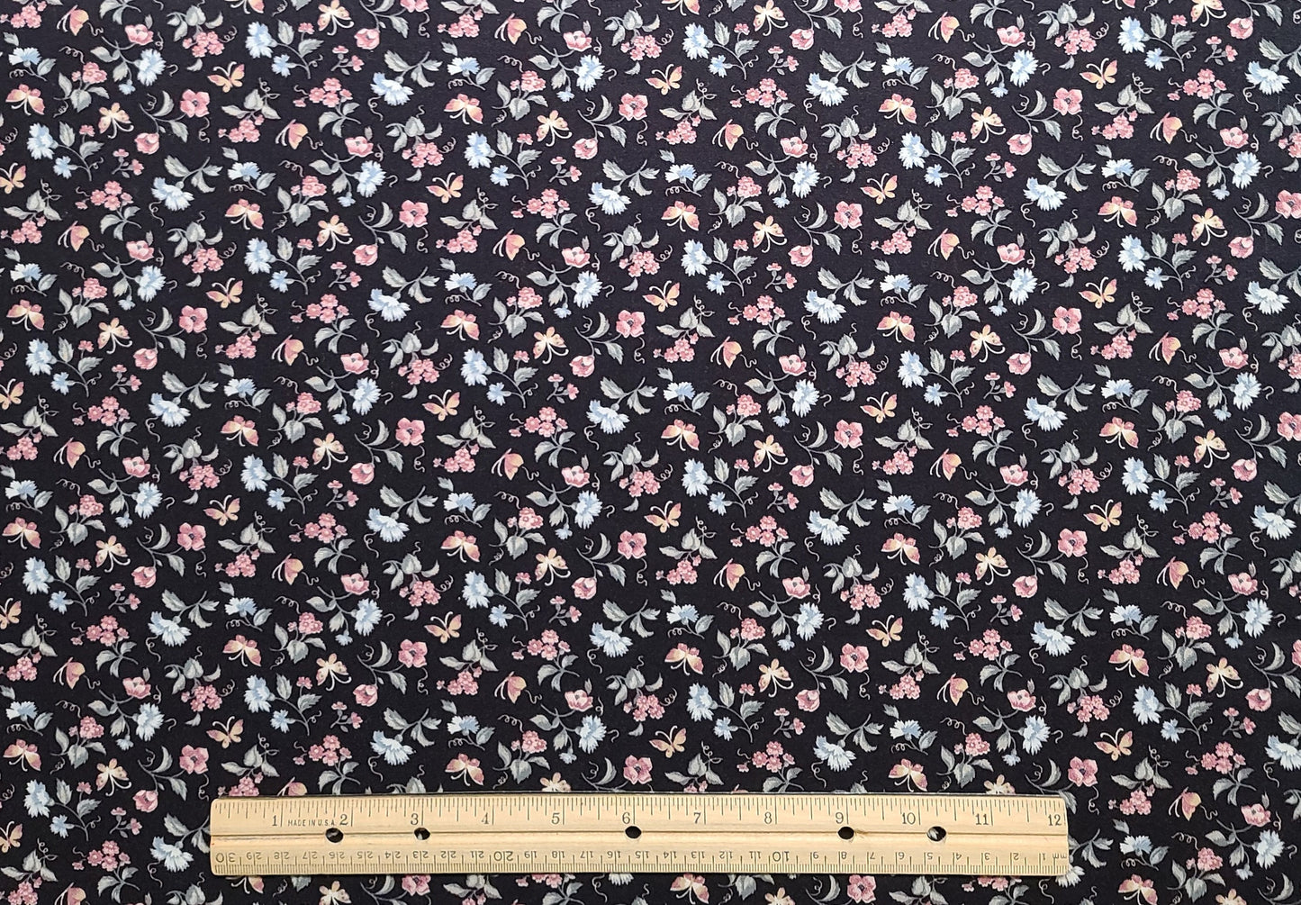 Black Fabric / Rose, Mint and Gold Flower Print - Selvage to Selvage Print