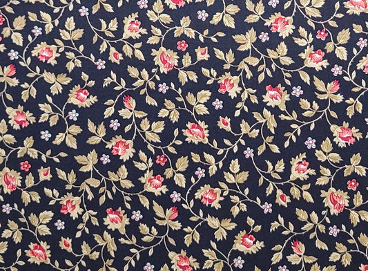 Black Fabric / Red, Tan, Light Blue Rose Print - Selvage to Selvage Print