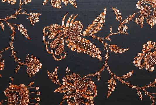 Guaranteed Dutch Wax 8473 47" WIDE - Java Batik - Black Fabric / Rust and White Flower Print