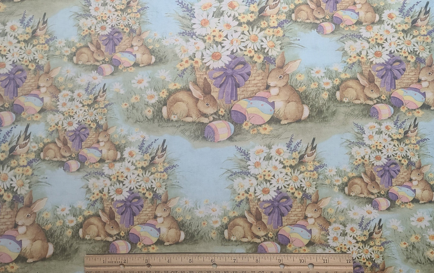 CP56548 Easter Basket Susan Winget - Pale Blue Fabric / Rabbit, Basket, Daisy, Easter Egg Print