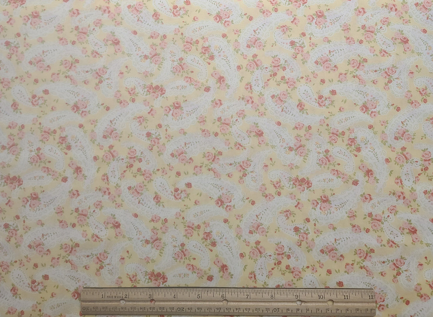 Guernsey Brenda Riddle Designs Home of Acorn Quilt & Gift Co Moda #18642 - Butter Yellow Fabric / White "Lace" Paisley / Pink, Red Flowers