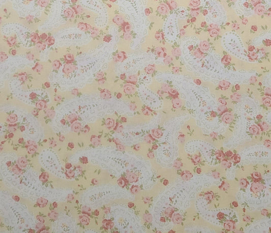 Guernsey Brenda Riddle Designs Home of Acorn Quilt & Gift Co Moda #18642 - Butter Yellow Fabric / White "Lace" Paisley / Pink, Red Flowers