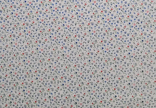 Vintage Lightweight White Fabric / Red, Blue and Green Tiny Flower Print - Selvage to Selvage Print