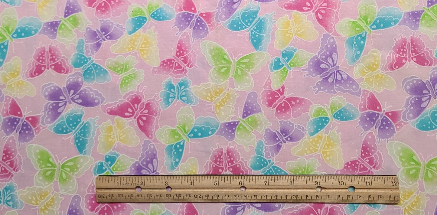 EOB - Fabric Traditions - Pink Fabric / Purple, Raspberry, Bright Yellow, Bright Green Butterfly Print / Iridescent Glitter
