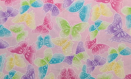 EOB - Fabric Traditions - Pink Fabric / Purple, Raspberry, Bright Yellow, Bright Green Butterfly Print / Iridescent Glitter