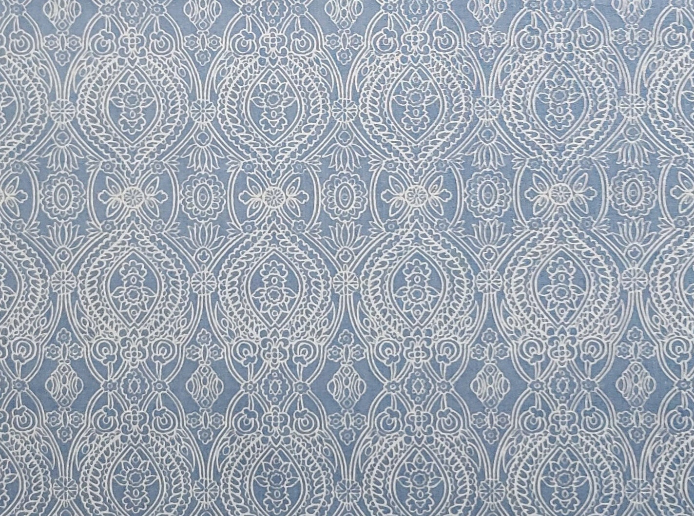 Vintage Lightweight Double-Sided (Same Pattern on Both Sides) Light Blue Fabric / White Medallion Print - Selvage to Selvage Print
