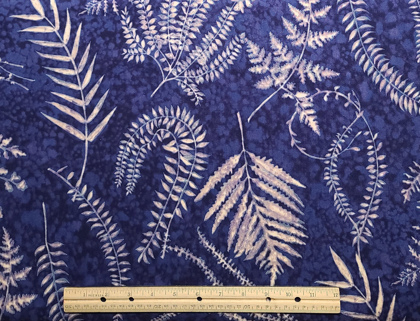 Robert Kaufman Co Inc #2162 - Dark Blue Tonal Fabric / Gray, Brown, Tan Fern Leaf Print