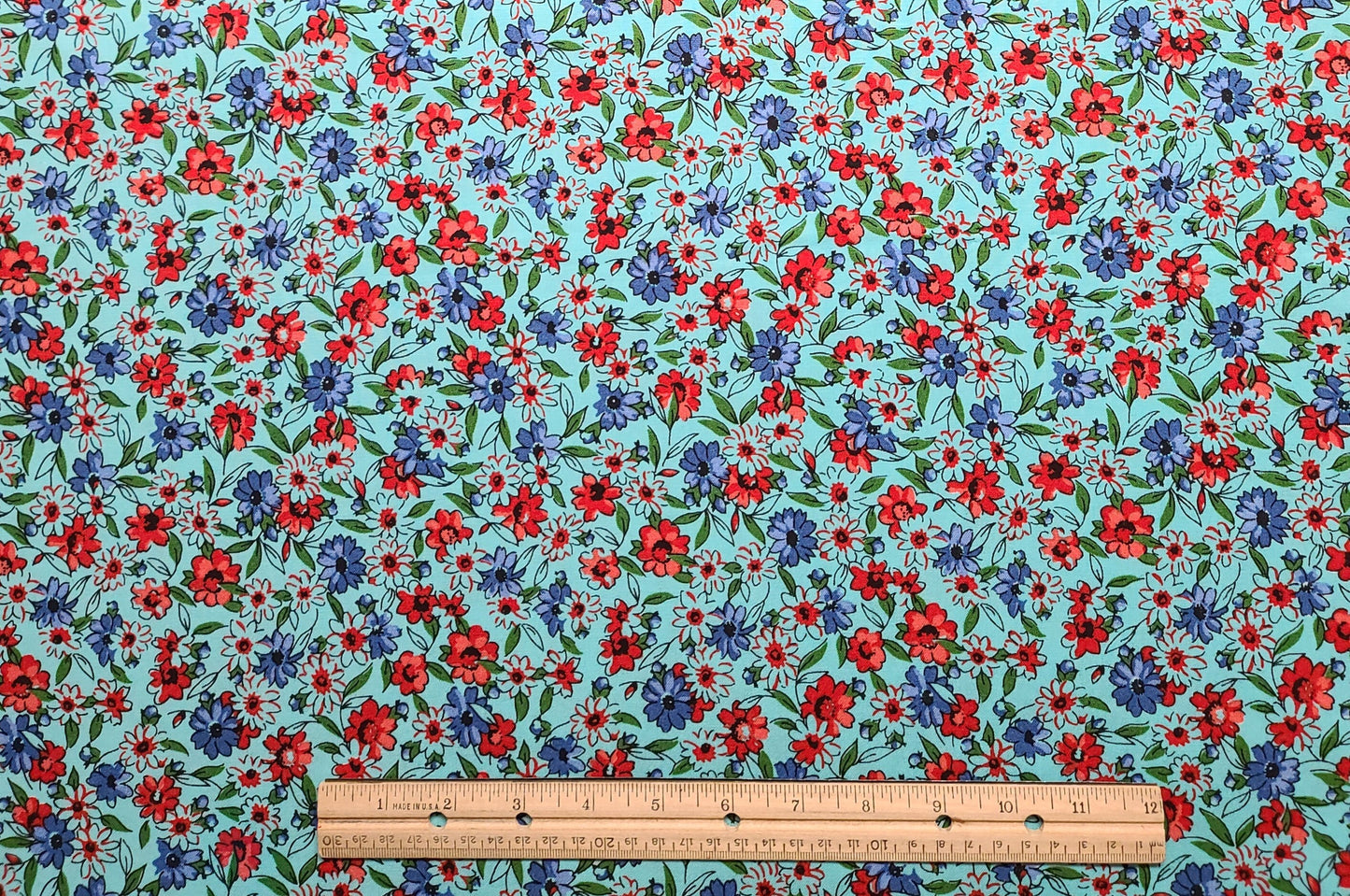 Nana's Pantry by Mama's Cottons for Connecting Threads 2013 - Bright Aqua Fabric / Blue, Red, Green Flower Print