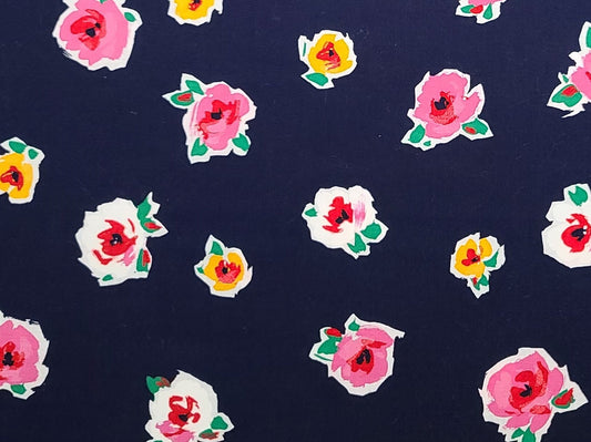 Cranston Print Works Co-Schwartz Liebman - Midnight Blue Fabric / Bright Pink, Yellow, White, Green Tossed Flower Print