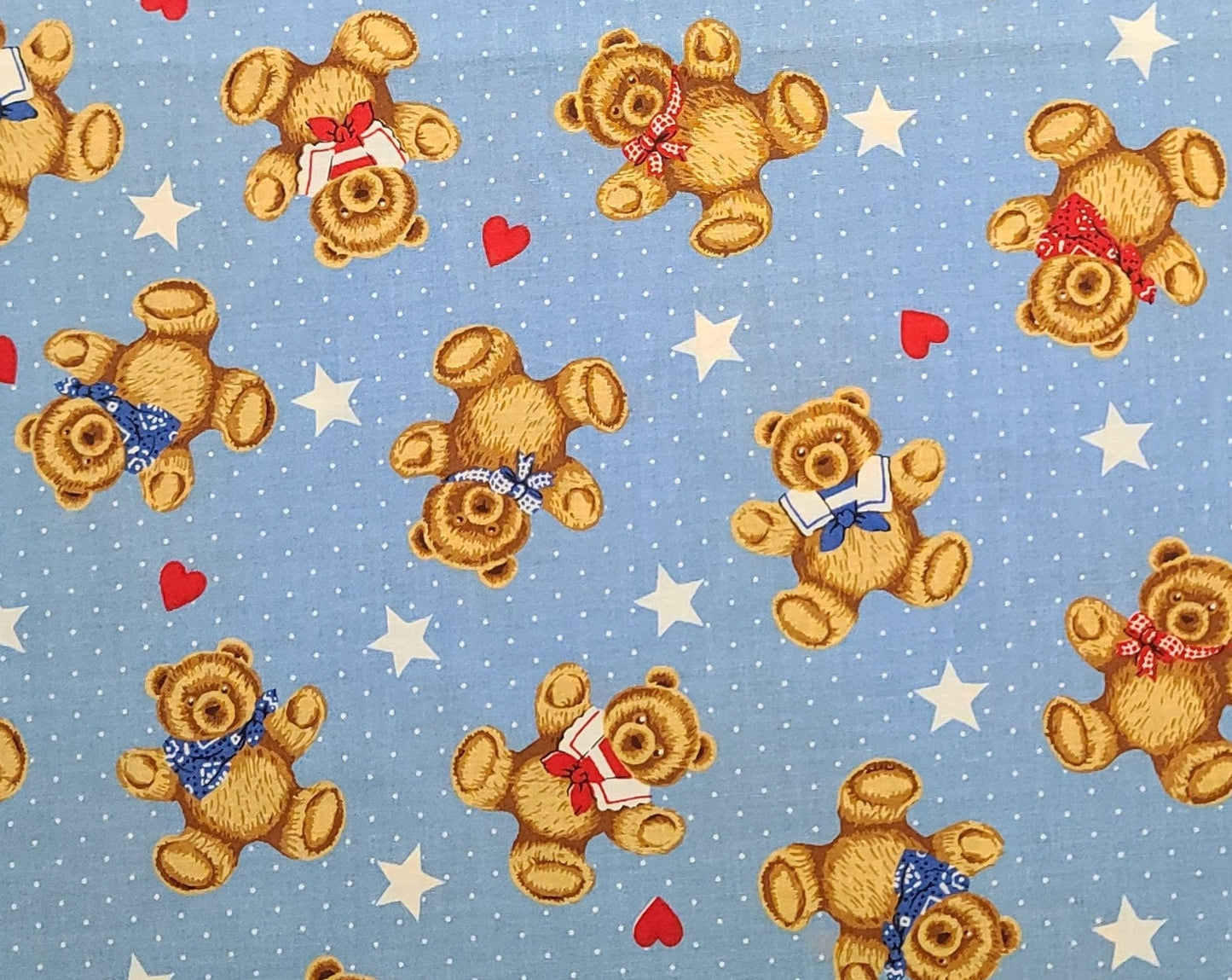 Wamsutta OTC-Hallmark Cards Inc-Light Blue Fabric / Heart, Star, White Pin Dot Background / Brown, Red, Blue, White Tossed Teddy Bear Print