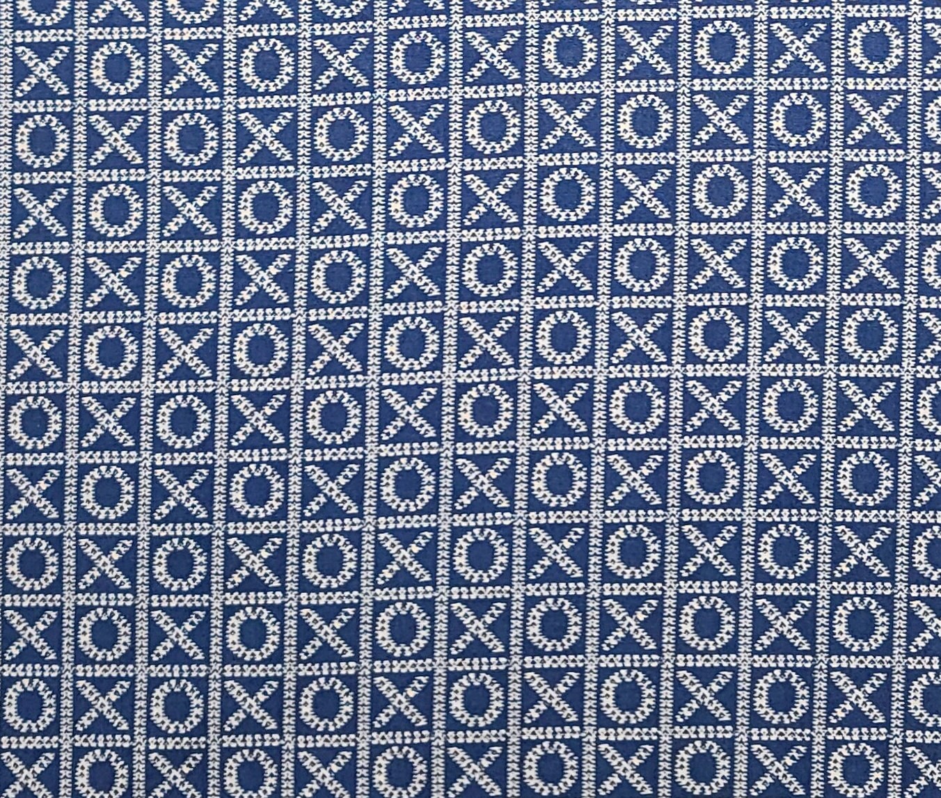 Blue and White "X" and "O" Block Print Fabric - Selvage to Selvage Print