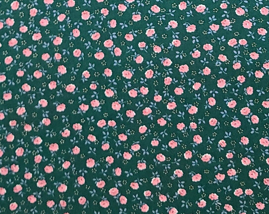 Peter Pan Fabrics - Dark Green Fabric / Pink, Light Blue, Tan Flower Print