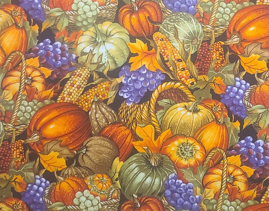 Michael Miller Fabrics LLC Inc Patt #C-842CORNUCOPIA - Black Fabric / Orange, Purple, Green, Yellow Fall Harvest Print