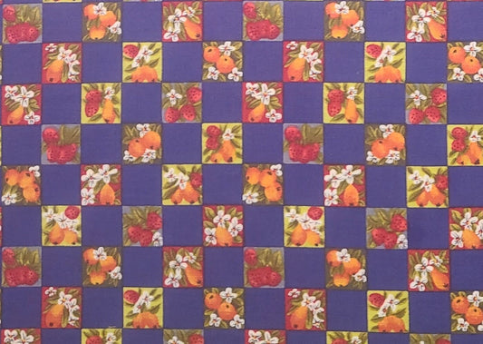 The Alexander Henry Collection  - Fruit and Flower Checkerboard Print Fabric / Dark Blue, Orange, Yellow, Red, White