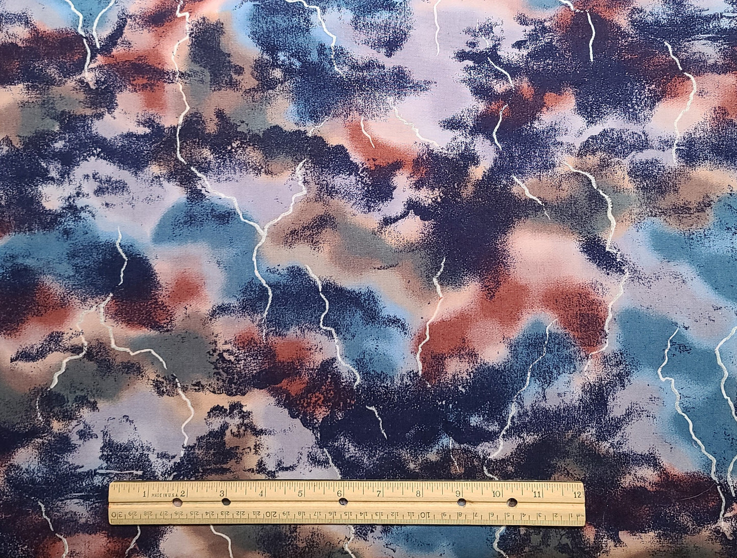 Naturescapes Jennifer Sampou P&B Textiles - Blue, Dark Blue, Rust, Taupe "Sky" Fabric / Silver Metallic Lightning Strikes Print