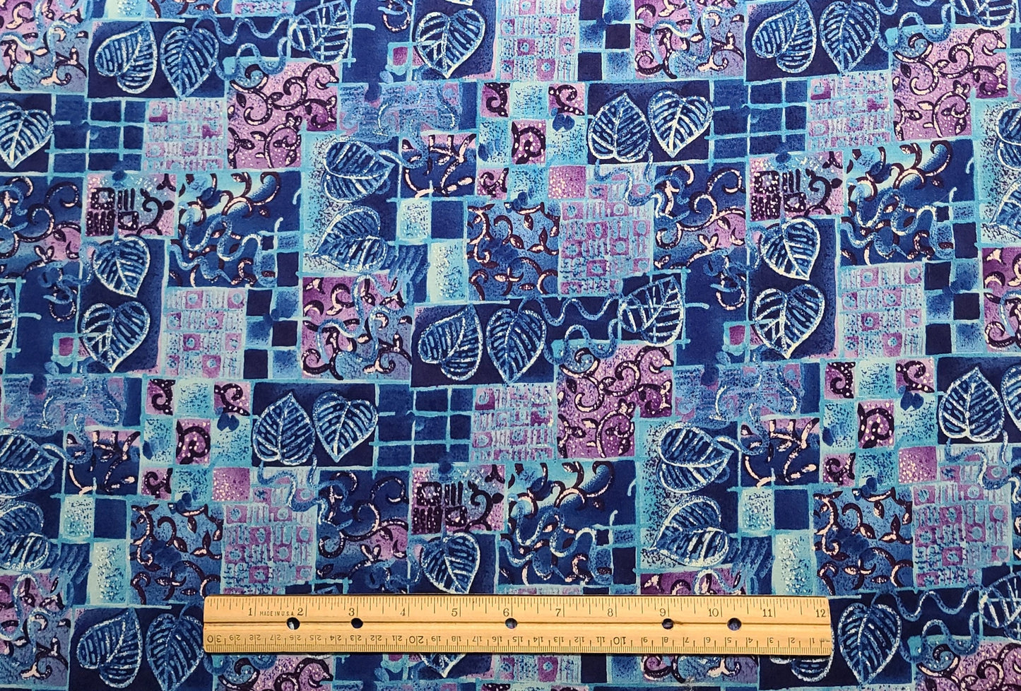 Robert Kaufman Co Inc D#EK-1867 - Dark Blue, Bright Blue, White, Purple, Lavender Tonal Fabric / Leaf Scroll Geometric Block Print