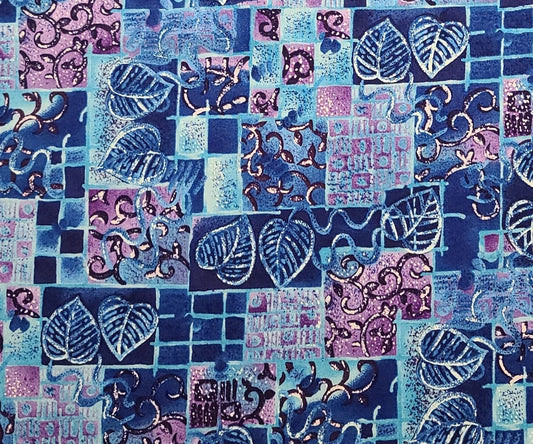 Robert Kaufman Co Inc D#EK-1867 - Dark Blue, Bright Blue, White, Purple, Lavender Tonal Fabric / Leaf Scroll Geometric Block Print