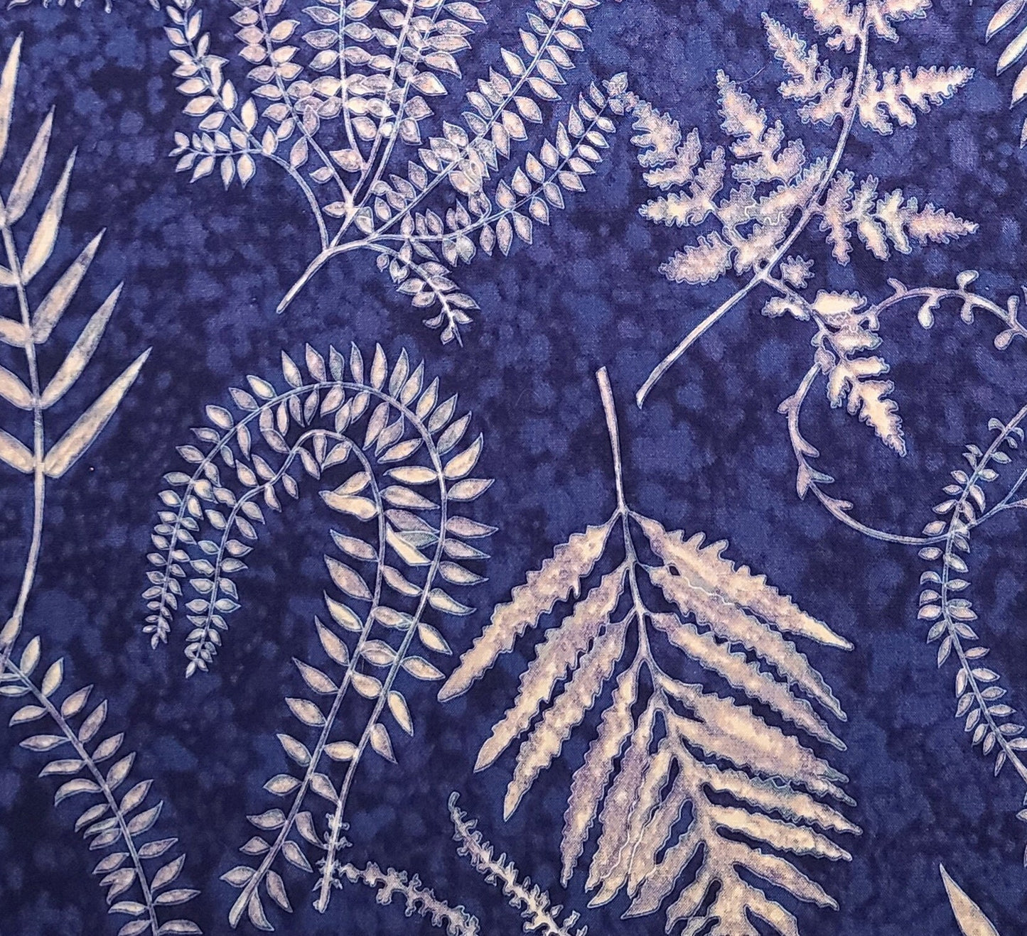 Robert Kaufman Co Inc #2162 - Dark Blue Tonal Fabric / Gray, Brown, Tan Fern Leaf Print