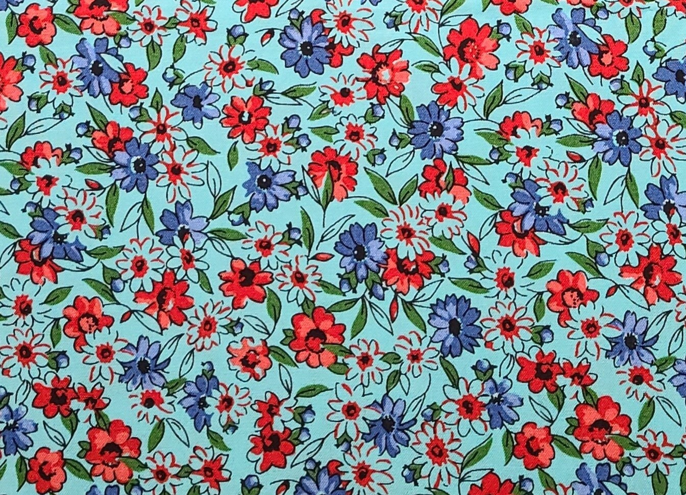 Nana's Pantry by Mama's Cottons for Connecting Threads 2013 - Bright Aqua Fabric / Blue, Red, Green Flower Print