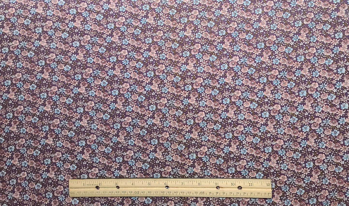 Vintage Lightweight Cranston Print Works-VIP Fabrics - Puce Fabric / Tan, Light Puce, Light Blue Flower Print