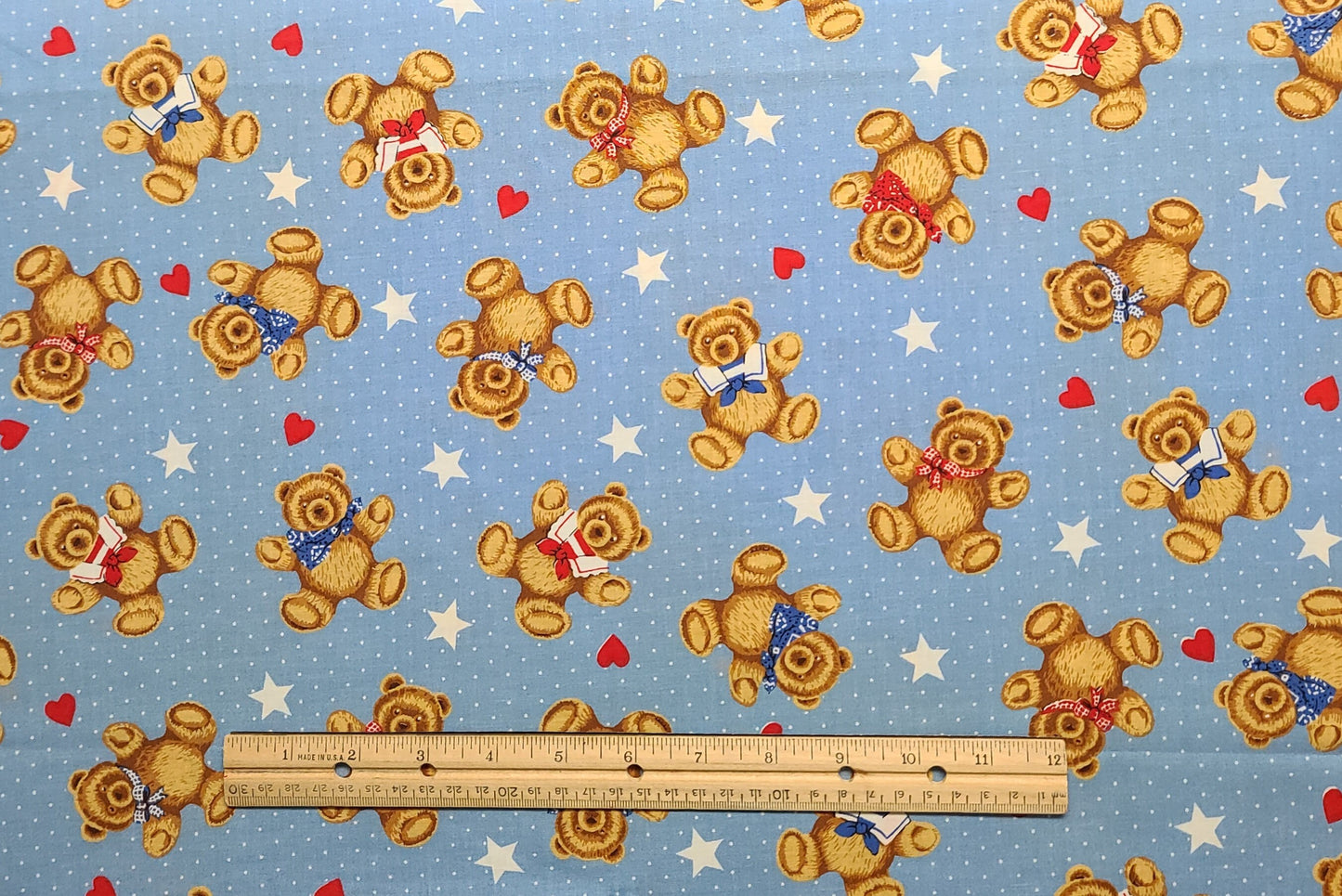 Wamsutta OTC-Hallmark Cards Inc-Light Blue Fabric / Heart, Star, White Pin Dot Background / Brown, Red, Blue, White Tossed Teddy Bear Print