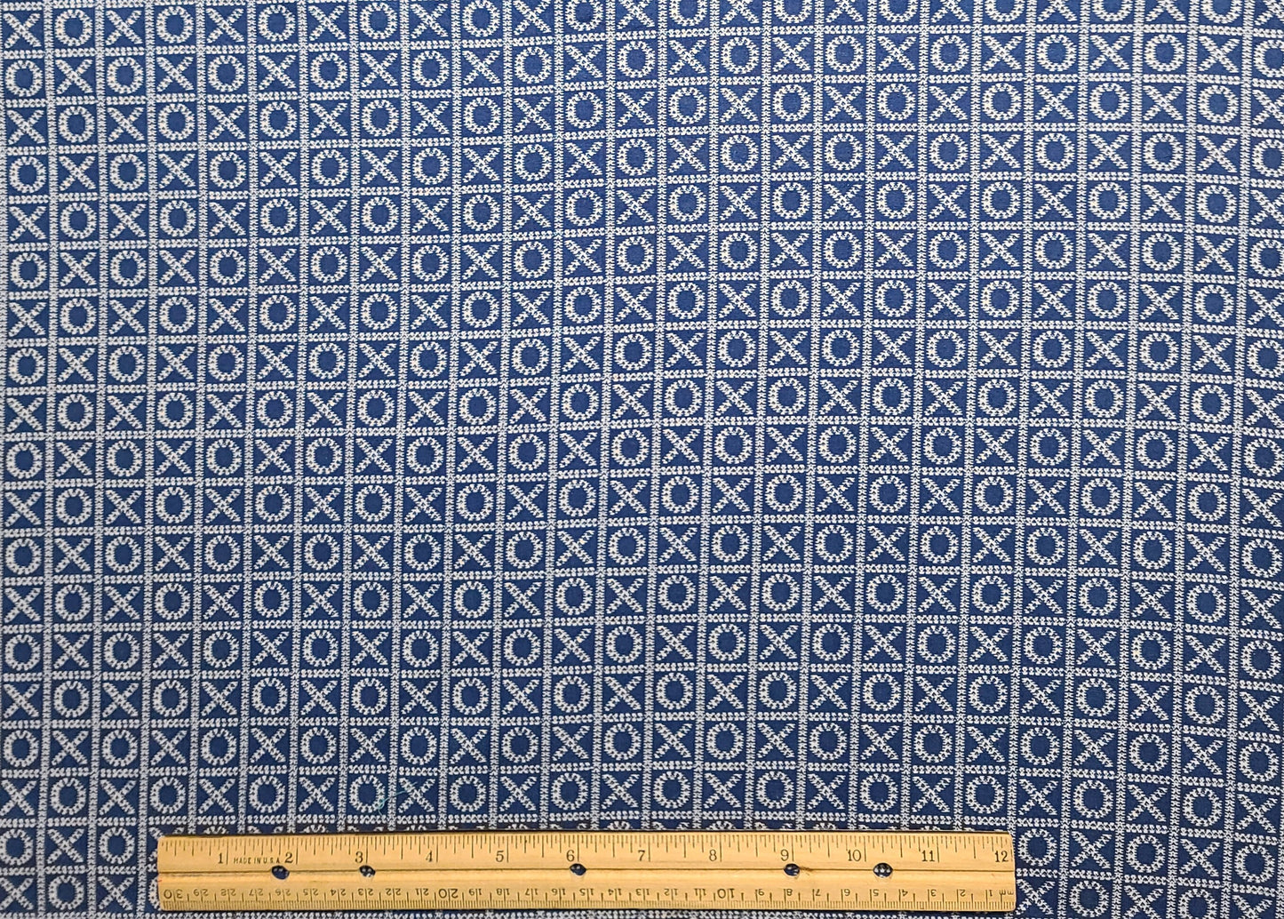 Blue and White "X" and "O" Block Print Fabric - Selvage to Selvage Print