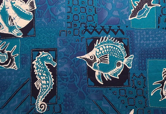 The Alexander Henry Collection - Teal, Purple, Navy, White Batik-Style Underwater Fish Print Fabric