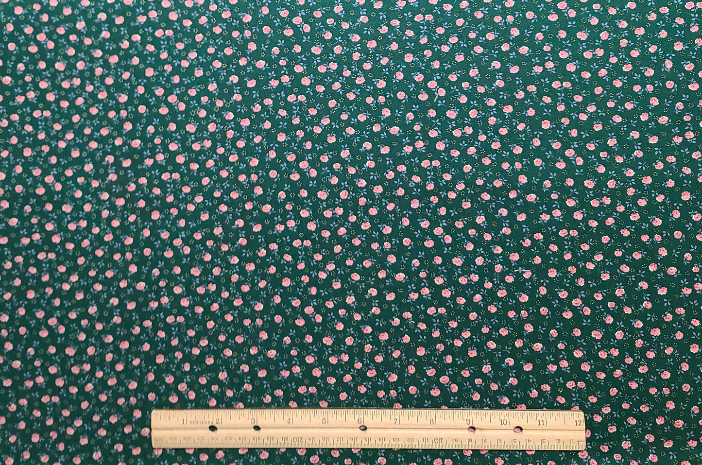 Peter Pan Fabrics - Dark Green Fabric / Pink, Light Blue, Tan Flower Print