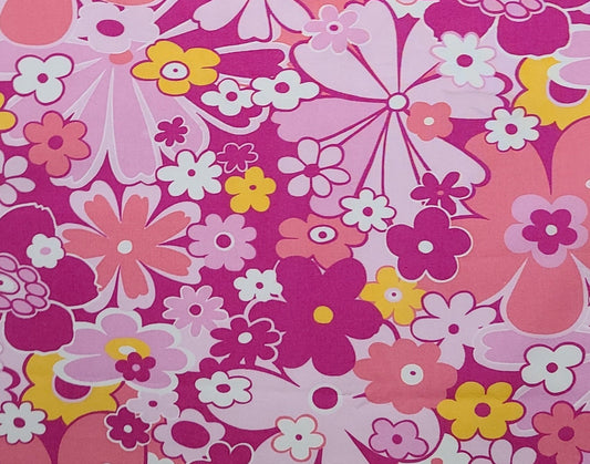 Robert Kaufman Co Inc #2865 - White, Pink, Yellow Retro Flower Print Fabric