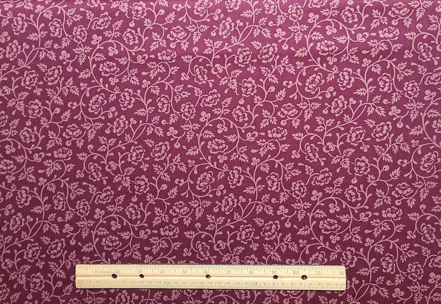 Cranberry Fabric / Pale Cranberry Flower, Leaf, Scroll Print - Selvage to Selvage Print