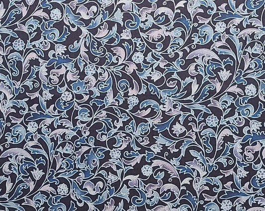 Woodblocks by Hoffman California Fabrics - Dark Blue Fabric / Medium Blue, Light Blue, Lavender Leaf and Flower Print