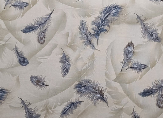 90050 Daiwabo Selection for EE Schenck Co - Tan Tone-on-Tone Feather Print Fabric / Black, Gray Scattered Feather Print